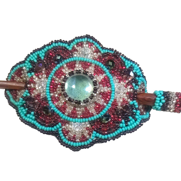 Southwestern Beaded Hair Barrette Leather Seed Bead Home Made Blue Red White main image 10